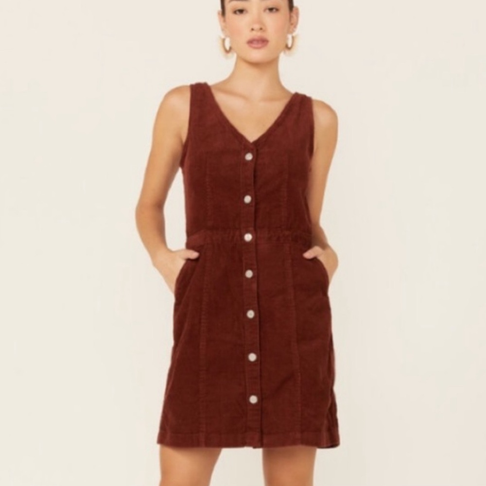 Levi's Imogen Corduroy Dress V-Neck Full Button Down Pockets Burnt Umber Brown